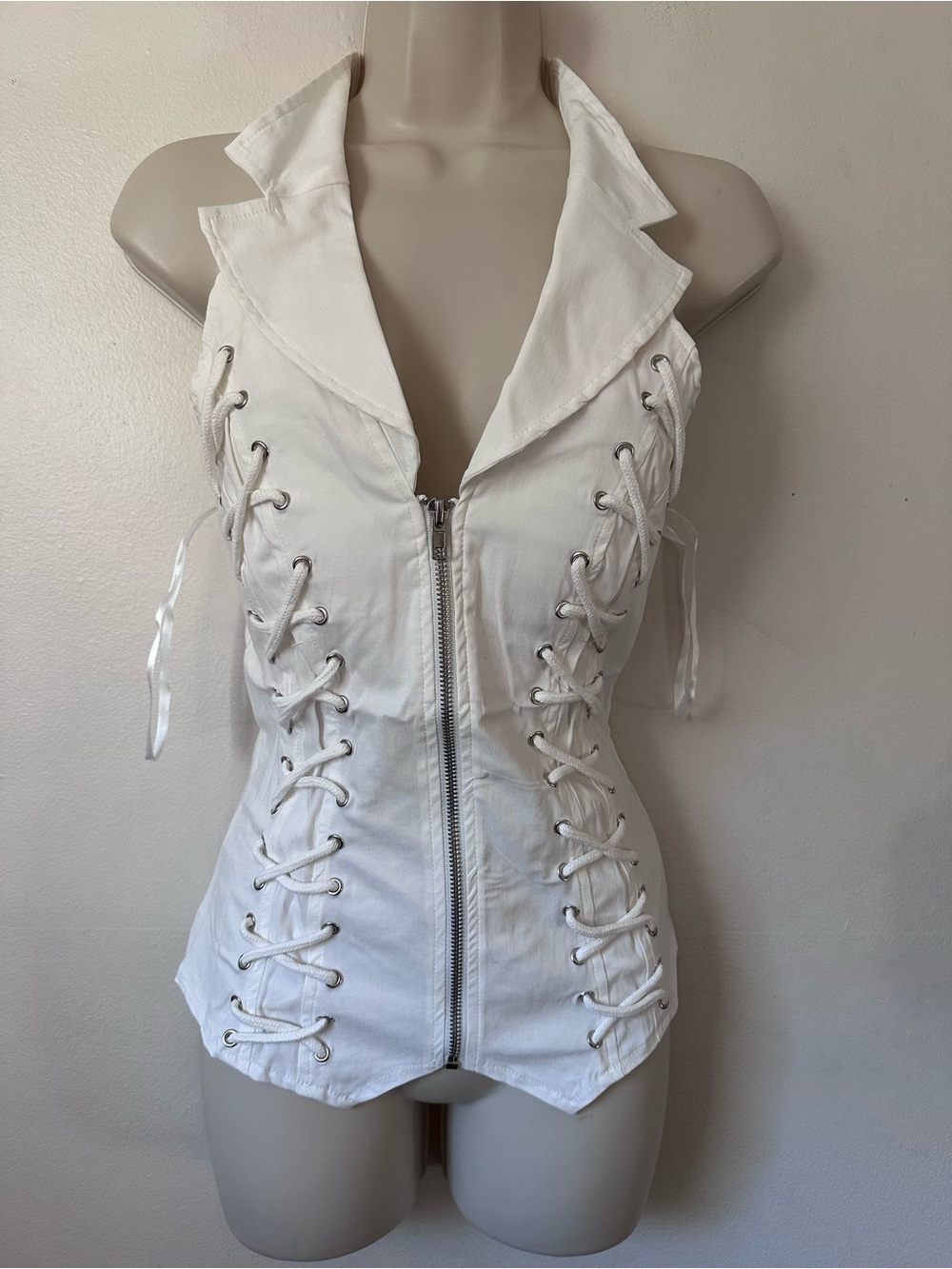 White Lace-Up Sleeveless Zip Front Top